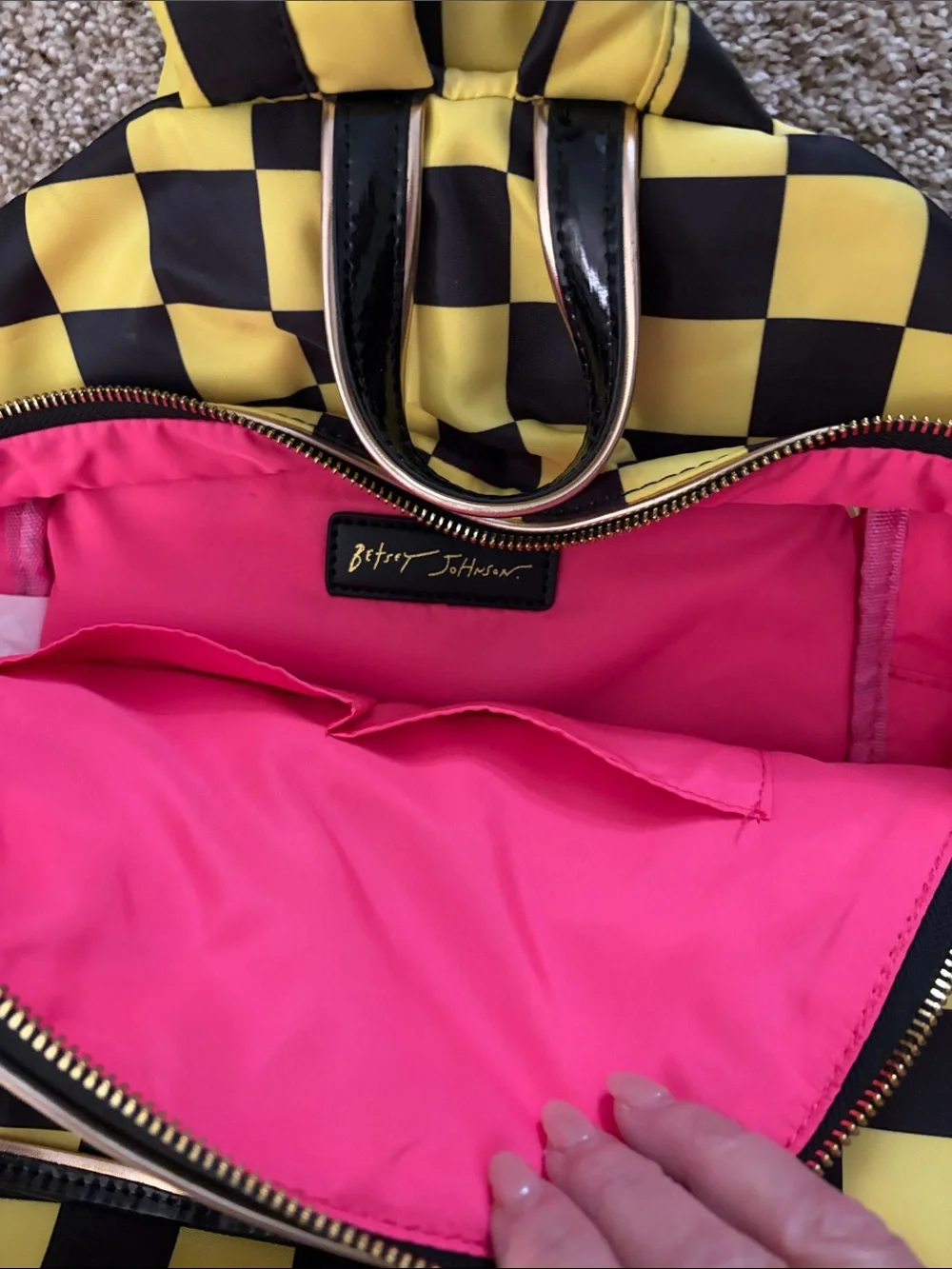 Betsey Johnson Yellow and Black Checkerboard Backpack with Patch Details